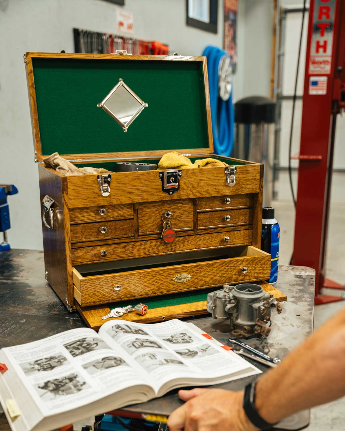 Gerstner Golden Oak wood tool chest on a garage workbench