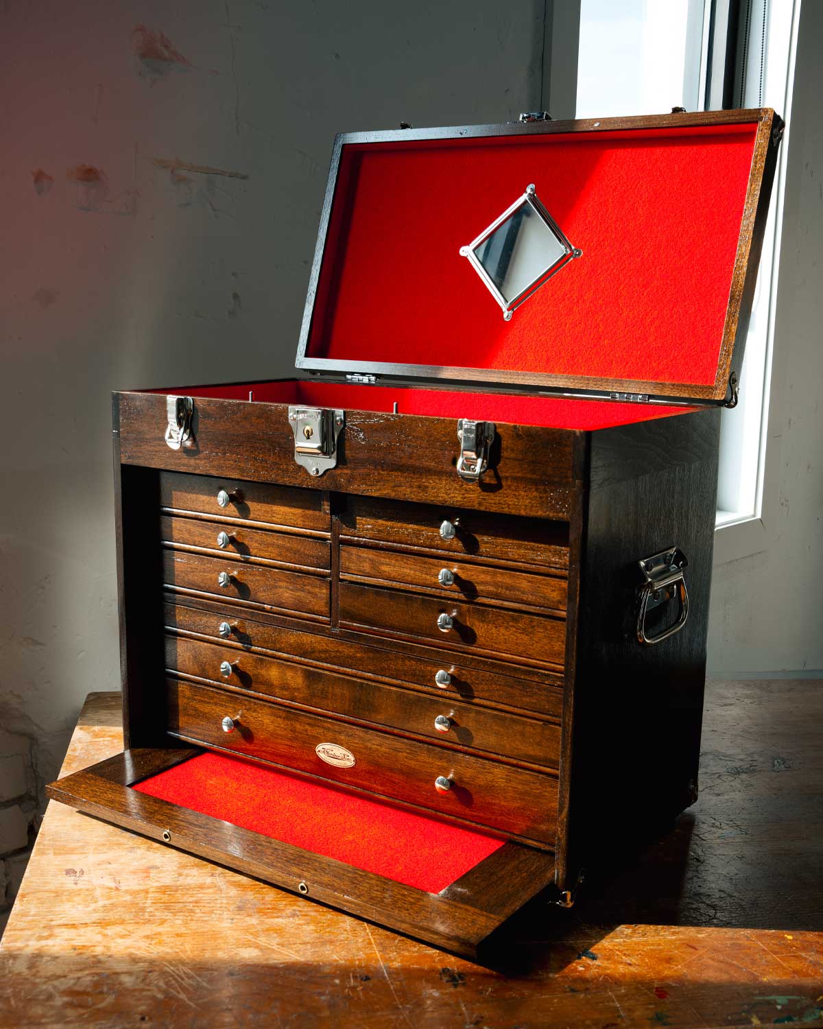 Gerstner handcrafted wood tool chest with open drawers