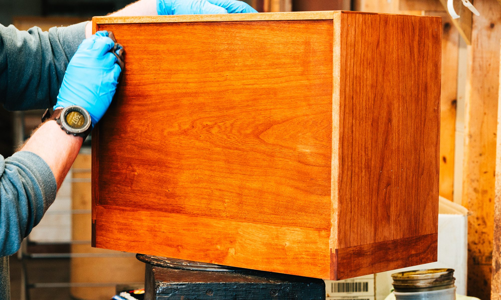 Hand-applied stain on Gerstner wood tool chest